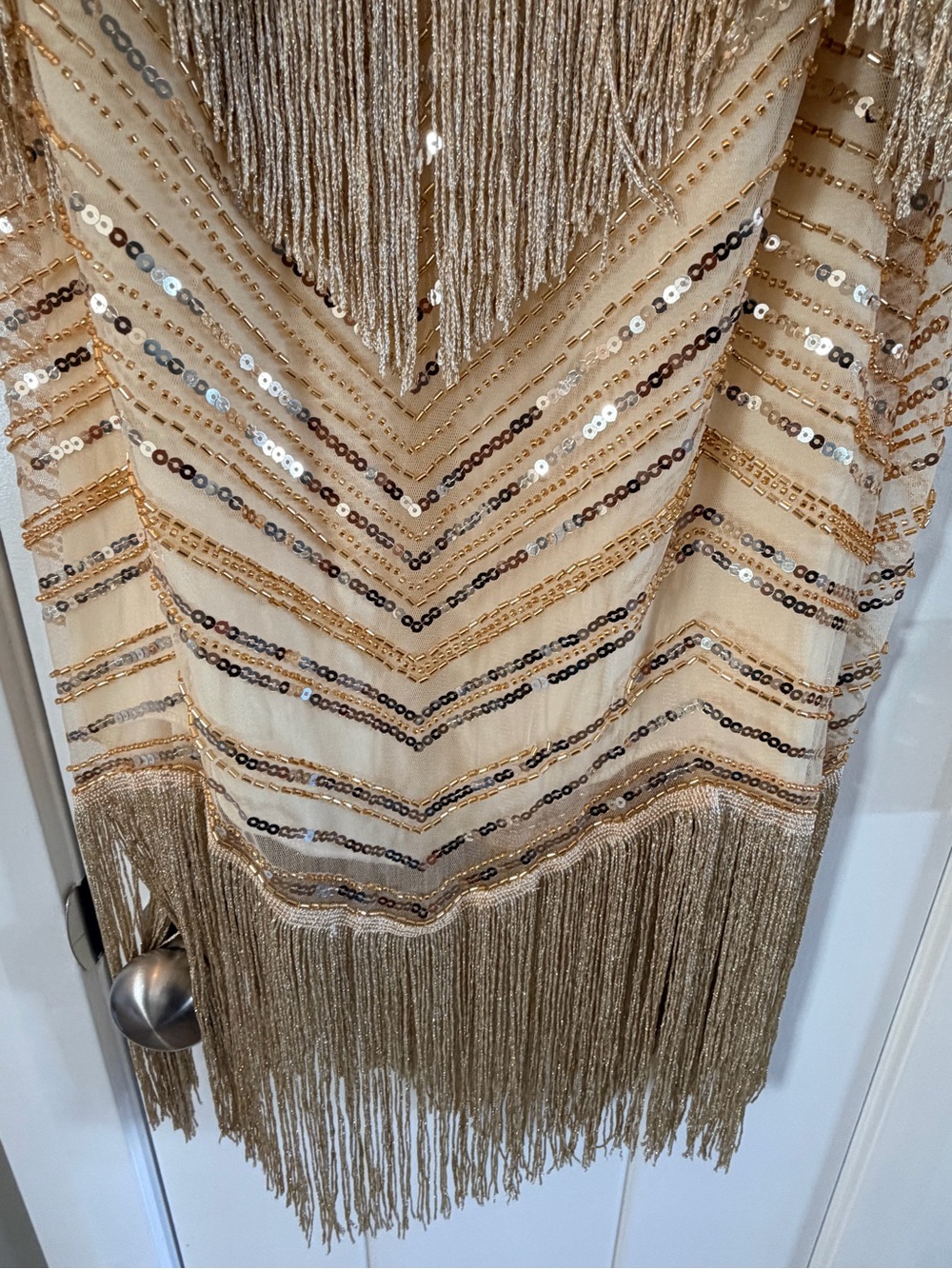 Gold Sequin Fringe Mini Dress with V-Neck Spaghetti Straps - Picture 3 of 7